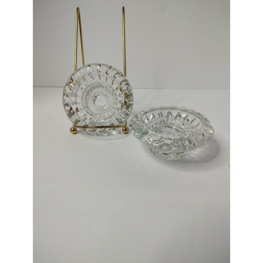 Vintage KIG Malaysia Candlestick Holders Pair Clear Glass Starburst Faceted